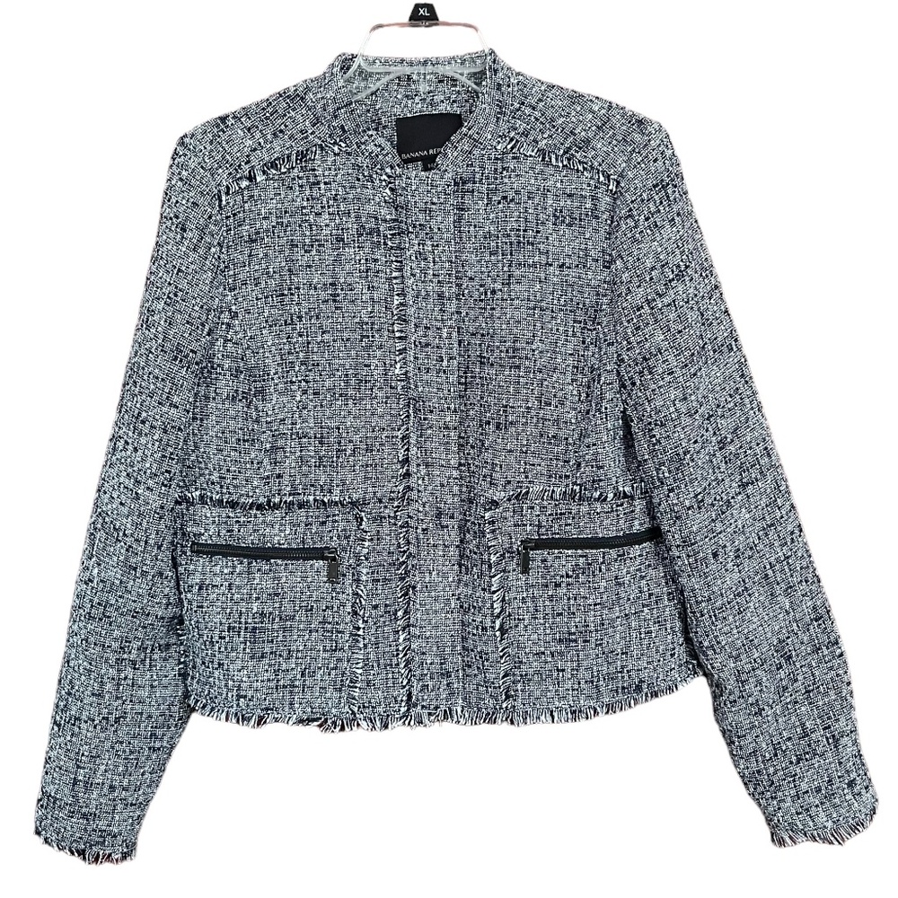 Banana Republic Navy Blue & White Tweed Frayed Raw Hem Jacket Blazer Size 14